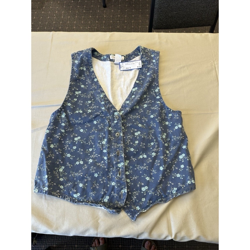 Vintage 90's Cherokee Denim Vest Blue Floral Women's Small Cottagecore
